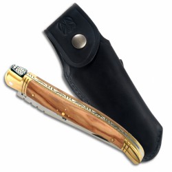 One part Laguiole knife with Olive Wood handle, 11 cm + Black Finest quality leather sheath