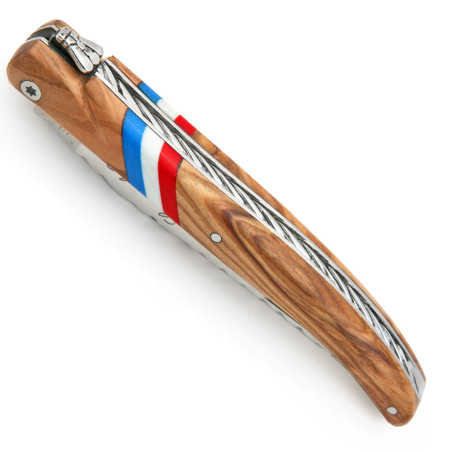 Laguiole olive wood handle with French flag, 12 cm + brown leather case