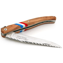 Laguiole olive wood handle with French flag, 12 cm + brown leather case