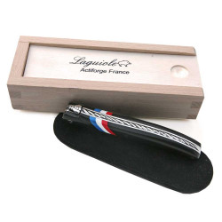 Laguiole handle in ebony wood with French flag 12cm + a wooden box + a suede case