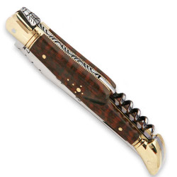 Laguiole pocket knife with Mimosa Wood handle and brass bolsters, corkscrew