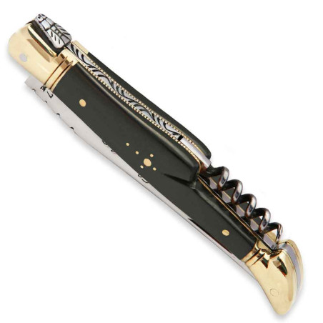 Laguiole pocket knife with Ebony Wood handle and brass bolsters, corkscrew