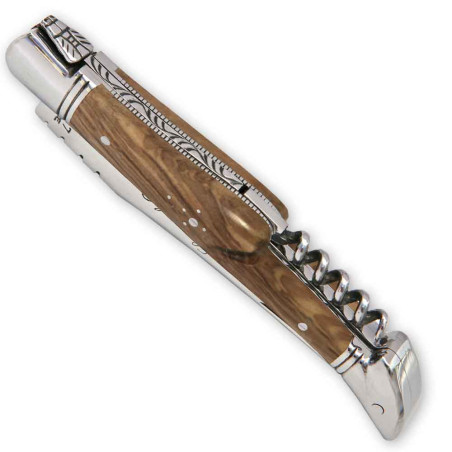Couteau Laguiole manche en bois d'olivier avec tire-bouchon et mitres en inox