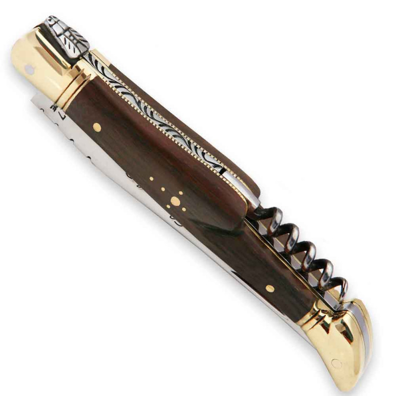 Laguiole pocket knife Palissander Wood handle and brass bolsters, corkscrew