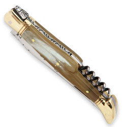 Laguiole pocket knife with Blonde Horn handle and brass bolsters, corkscrew