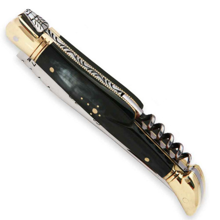 Laguiole pocket knife with Black Horn handle and brass bolsters, corkscrew