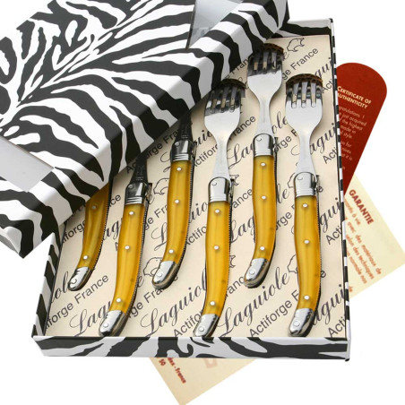 Box of 6 yellow ABS Laguiole forks