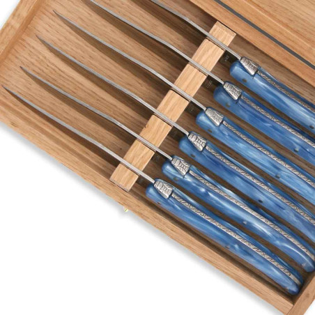 Set of 6 Laguiole steak knives blue color plexiglass handles