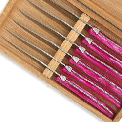 Set of 6 Laguiole steak knives pink color plexiglass handles
