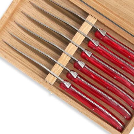 Set of 6 Laguiole steak knives red color plexiglass handles