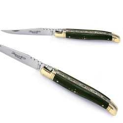 Couteau Laguiole manche en bois de stamina vert et mitres en laiton