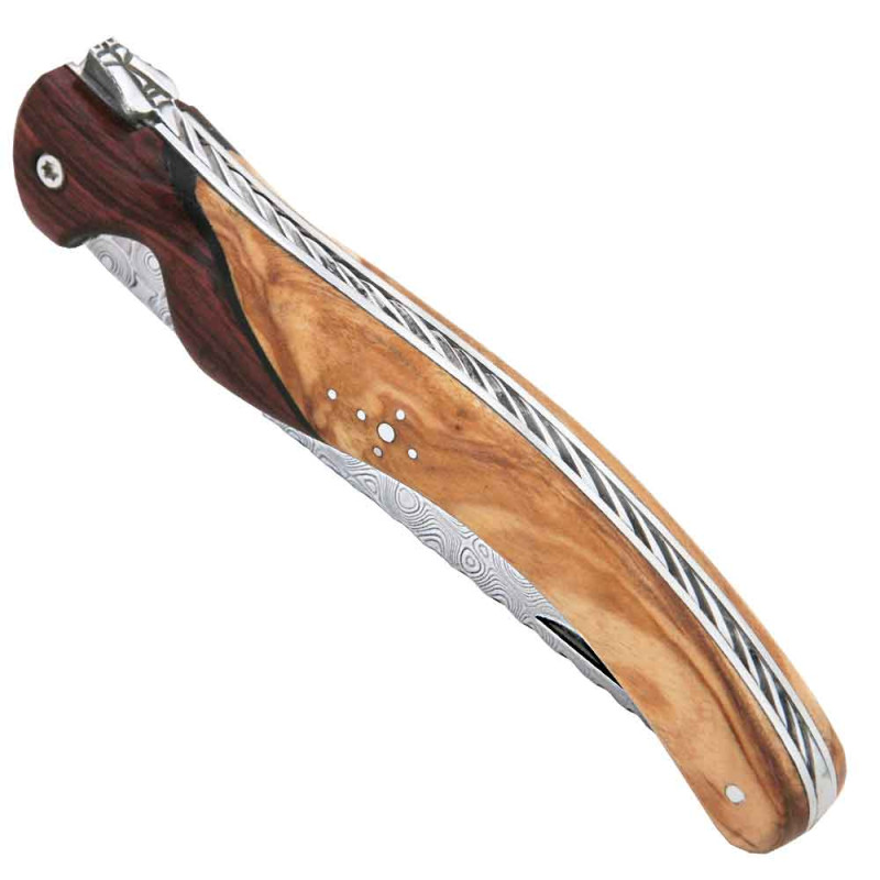 Laguiole bird damascus knife in olive wood and violet wood