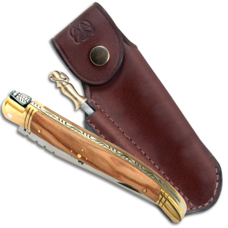 Laguiole folding knife with Olive Wood handle, 12 cm + Finest quality leather sheath with sharpener