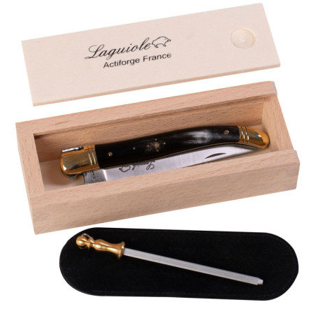 Laguiole black horn brass bolster 12cm + a wooden box + a rifle + a suede case