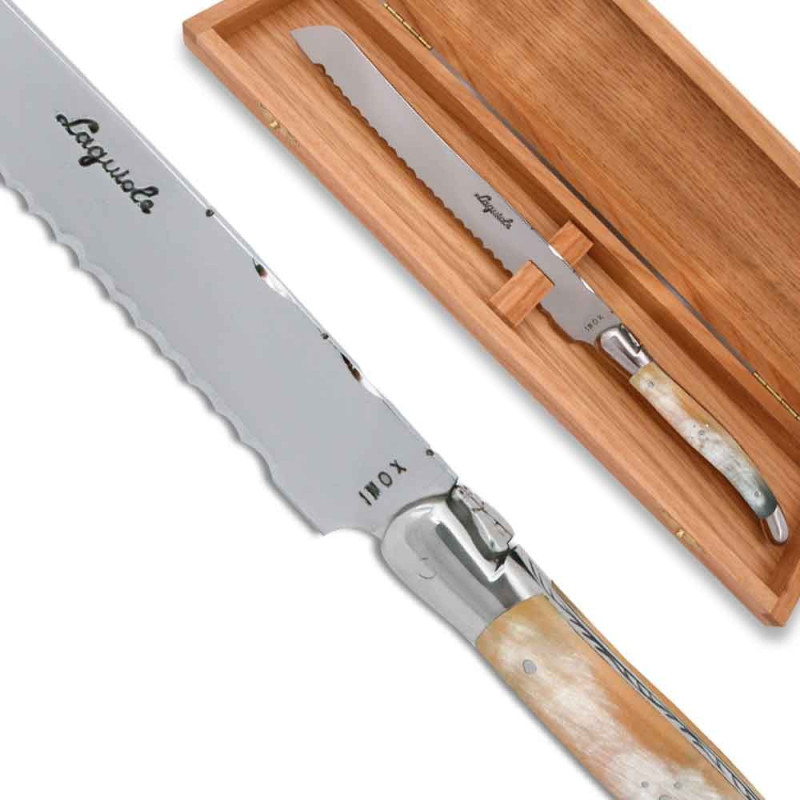 Laguiole bread knife blonde horn Handle with stainless steel bolsters
