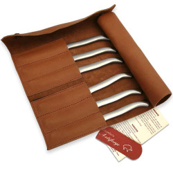 Leather clutch with 6 sandblasted flat stainless steel Laguiole steak knives