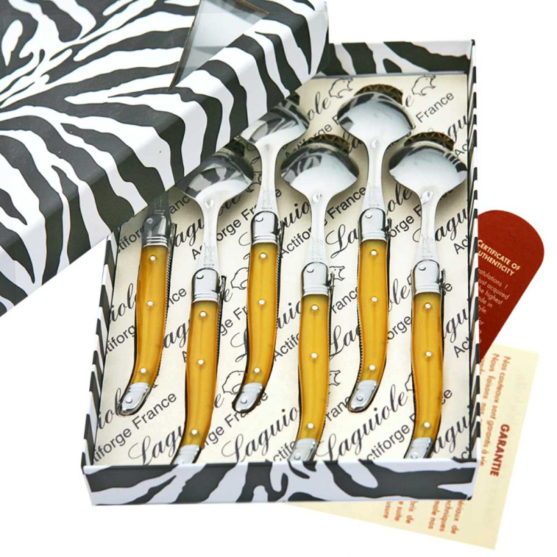 Box of 6 yellow ABS Laguiole soup spoons