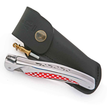 Laguiole bird knife aluminium red and white tiles + black leather sheath + sharpener