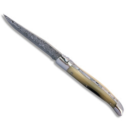 Couteau Laguiole avec manche en pointe de corne blonde et lame en acier damas