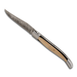 Couteau Laguiole avec manche bi-matière ébène et buis, lame en acier Damas