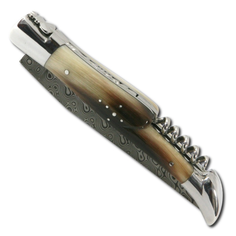 Blond Horn tip Laguiole knife with Damascus blade, with corkscrew
