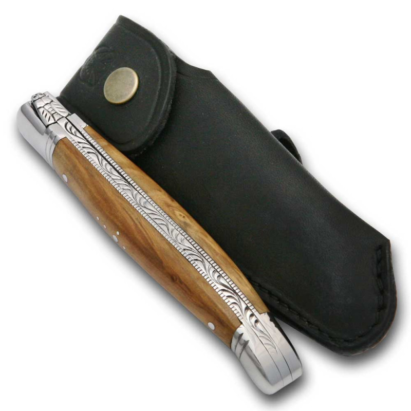 Laguiole folding knife Olive Wood handle stainless steel + Finest quality leather sheath
