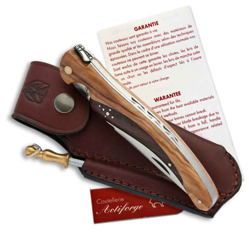Laguiole bird knife olive and rosewood handle + brown leather sheath + sharpener
