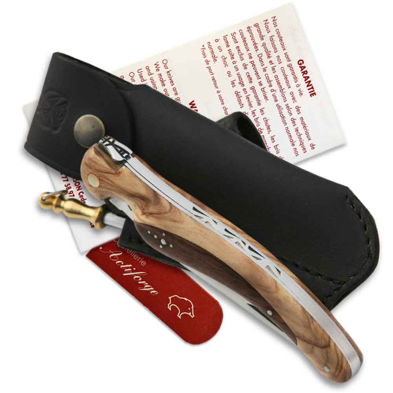 Laguiole bird knife olive and rosewood handle + black leather sheath