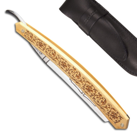 5/8 Straight razor with boxwood handle engraved with floral design