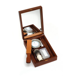 Historic shaving-box for straight rasors with mini- strop, razor sharpening paste, shaving brush, shaving bowl, soap, alum block